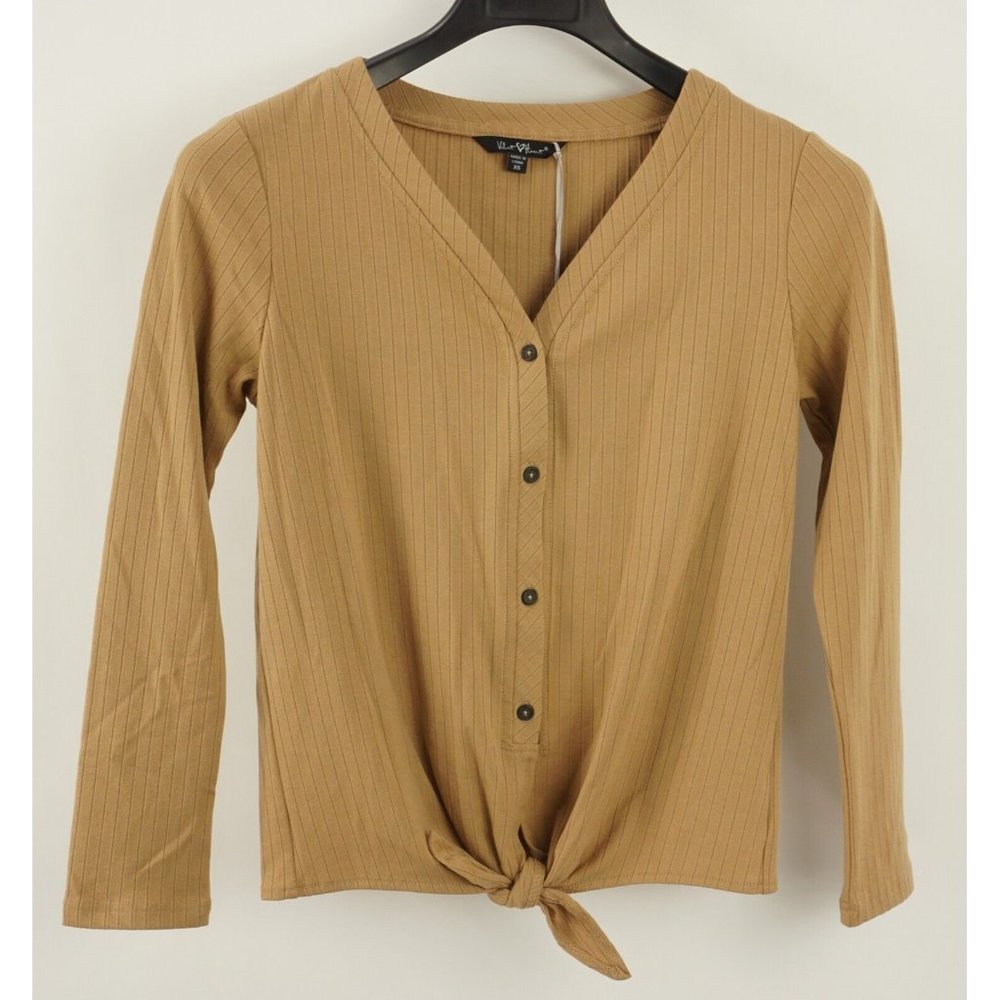 New Velvet Heart Cori V-Neck Button Tie Front Rib Knit Top Womens XS Camel Brown